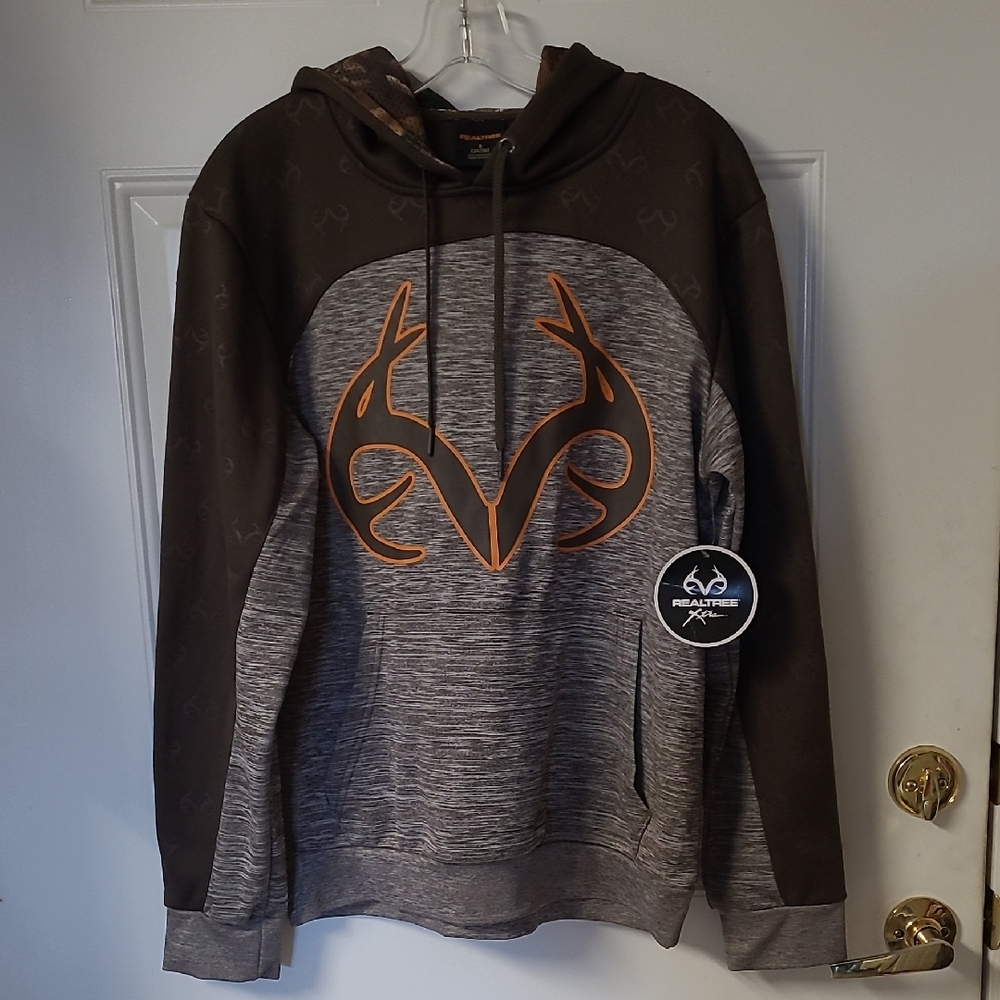 Realtree Men's Gray and Dark Brown Hoodie with Orange Logo